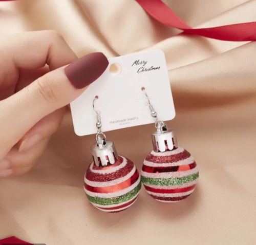 Gestreepte Kerstbal Oorbellen - Rood/Groen