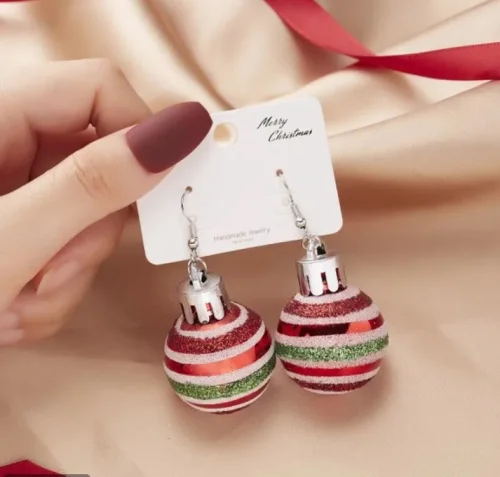 Gestreepte Kerstbal Oorbellen - Rood/Groen