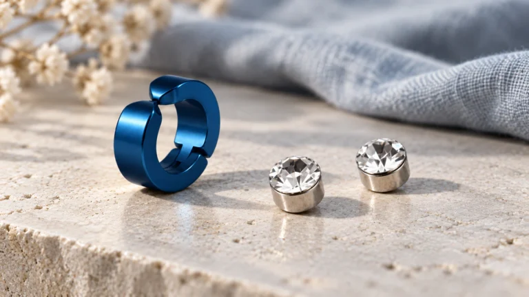 Blauwe clipoorbel naast twee zilverkleurige magneetoorbellen met heldere stenen.