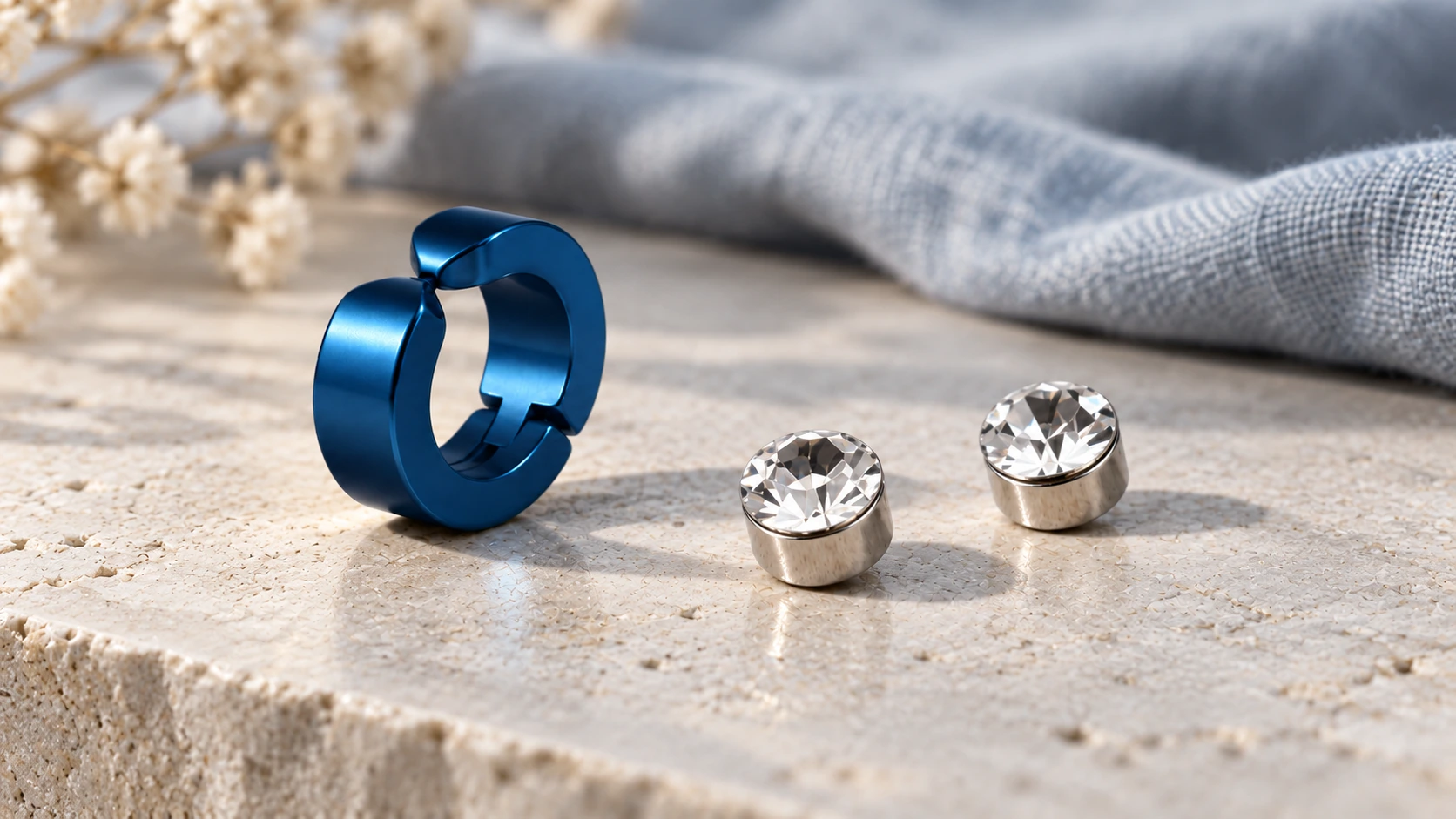 Blauwe clipoorbel naast twee zilverkleurige magneetoorbellen met heldere stenen.
