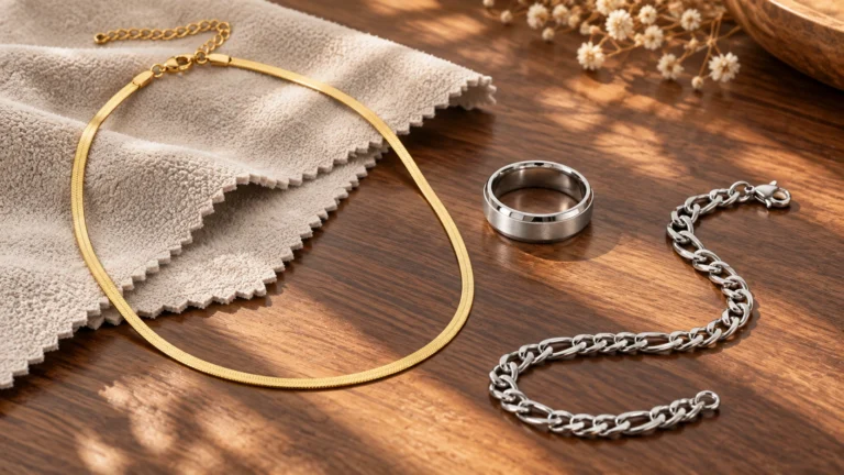 Gouden Snake Ketting, zilveren ring en schakelarmband naast een zachte poetsdoek.