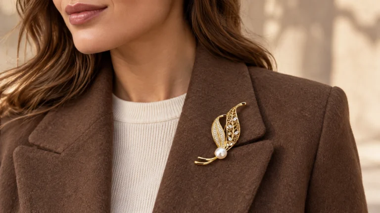 Gouden bladbroche met pareldetail op een bruine blazer.