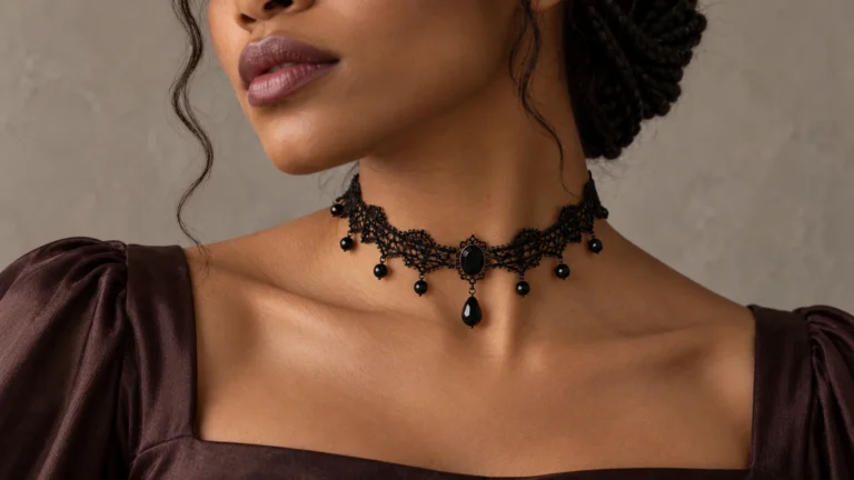 Model met een zwarte kanten choker met donkere hangers bij een donkerpaarse top.