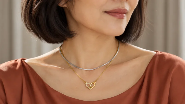 Model met een zilveren Snake Ketting en een gouden hartjesketting bij een terracottakleurige blouse.