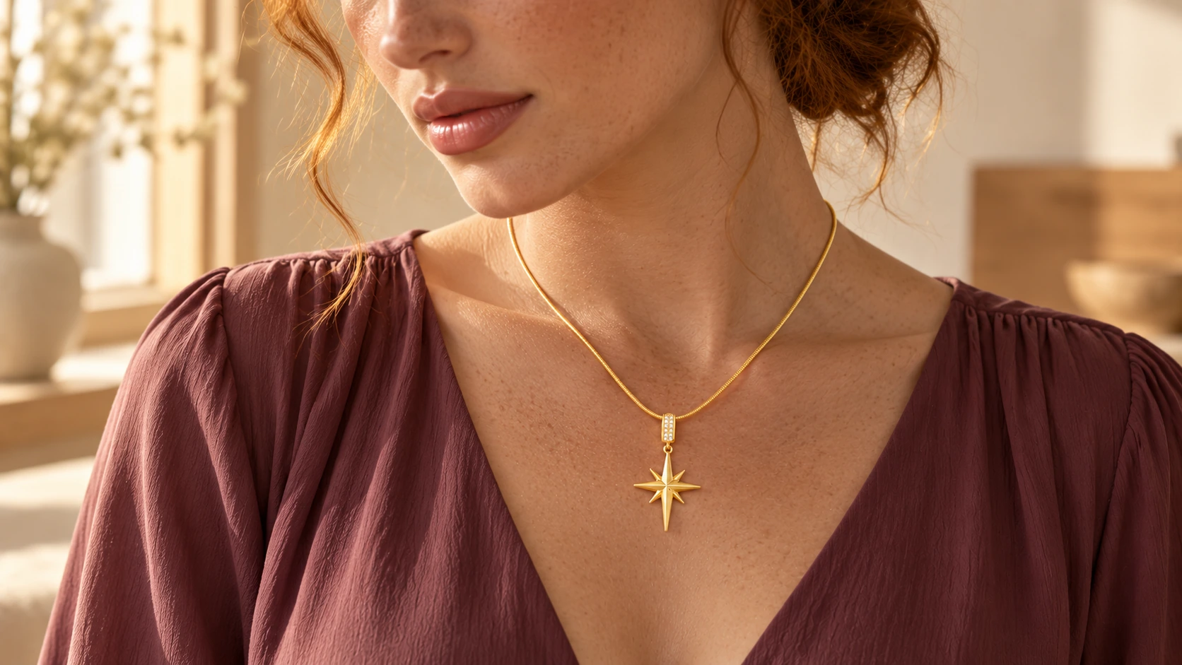 Gouden Nova Ketting met sterhanger bij een pruimkleurige V-hals.