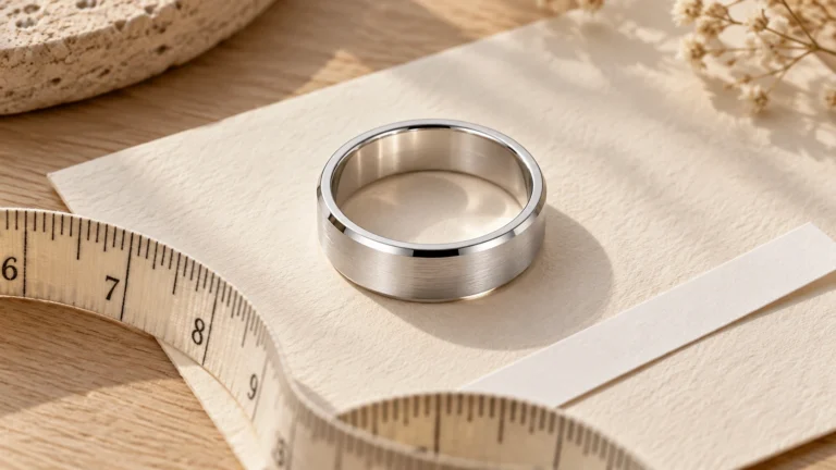 Zilveren ring naast een meetlint en een papieren strook om de ringmaat te bepalen.