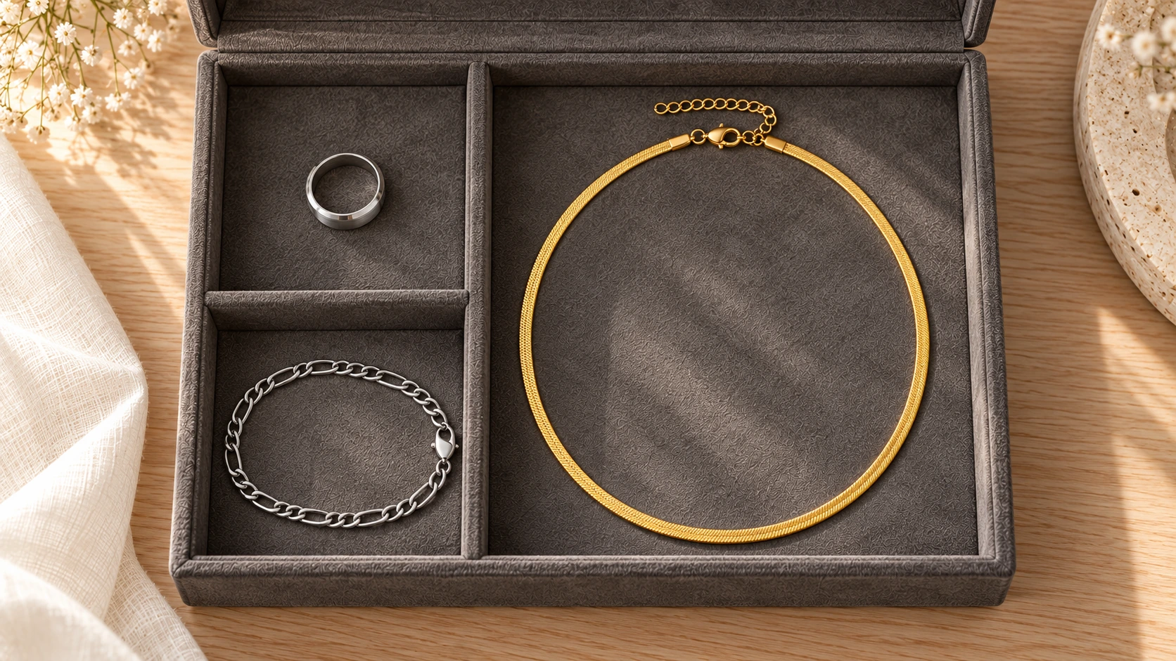 Ring, schakelarmband en gouden Snake Ketting apart opgeborgen in een sieradendoosje.