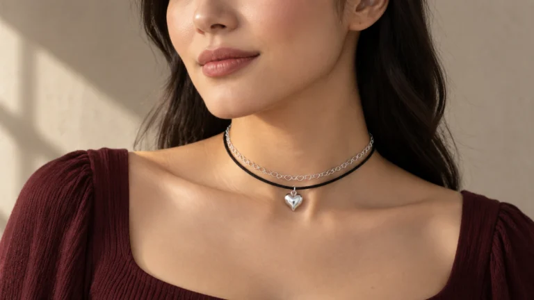 Model met een zwarte choker en zilveren hartjes bij een bordeauxrode top.