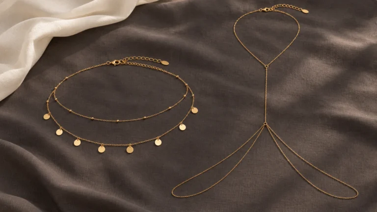 Gouden dubbele buikketting naast een body chain op een donkere stoffen ondergrond.
