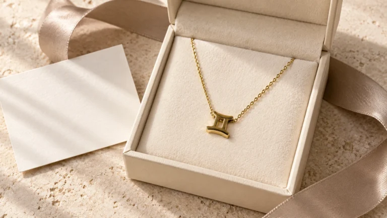Gouden Tweelingen Ketting in een open cadeaudoosje naast een blanco kaartje.