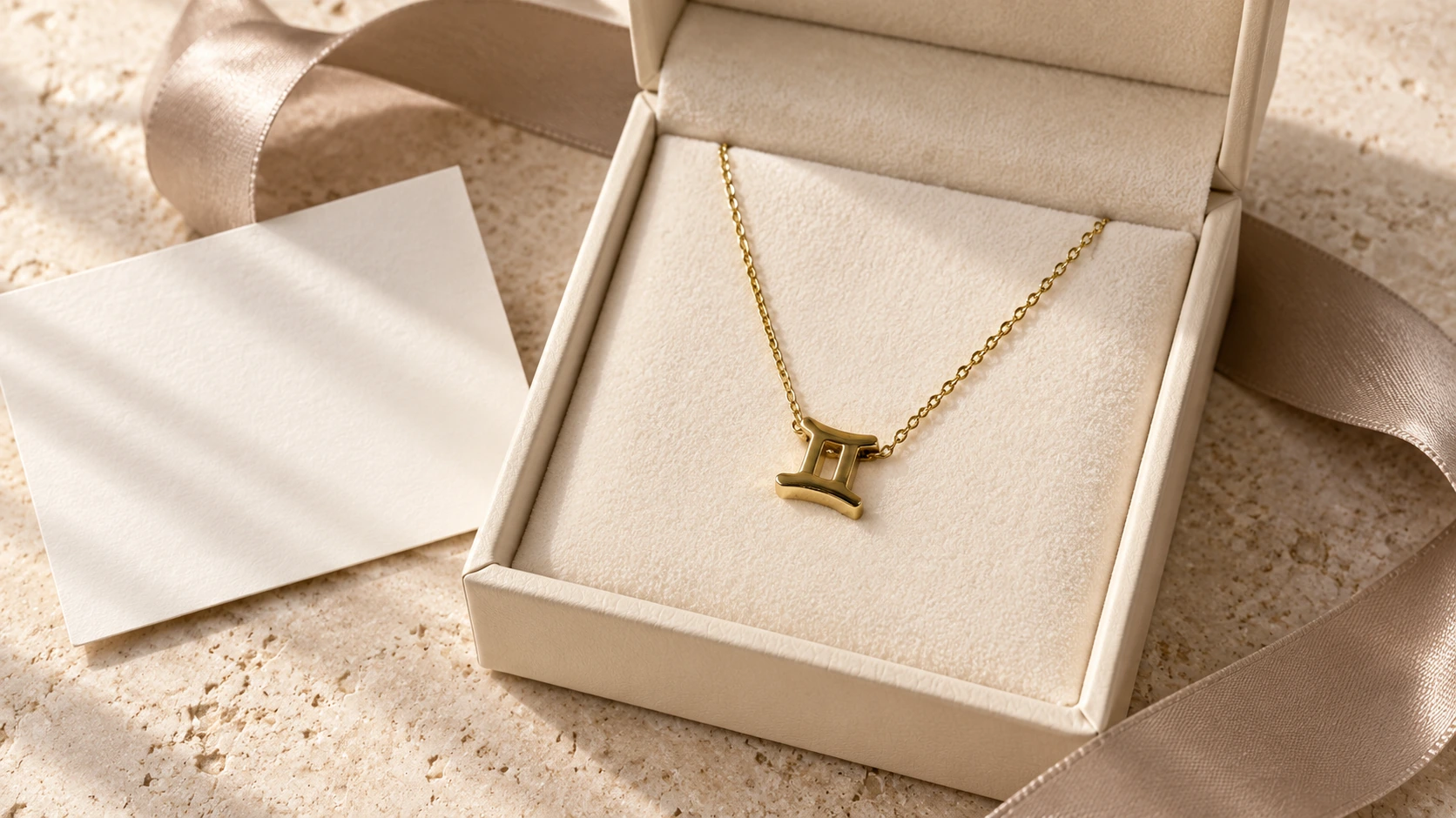 Gouden Tweelingen Ketting in een open cadeaudoosje naast een blanco kaartje.