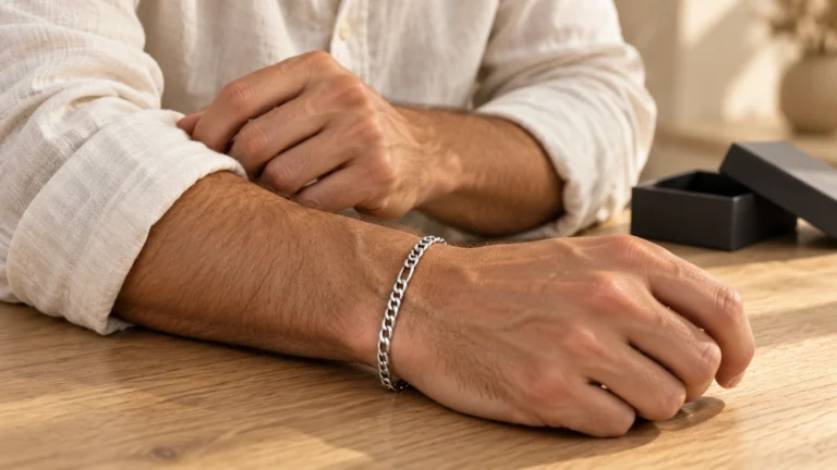 Man met een zilveren Figaro Armband bij een licht linnen overhemd.