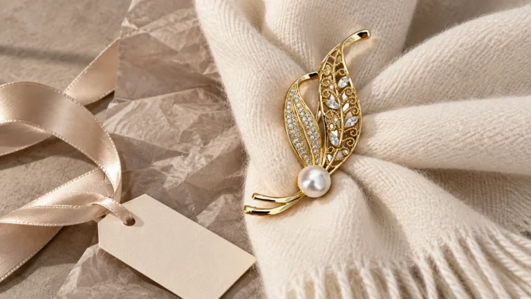 Gouden bladbroche met pareldetail op een crèmekleurige sjaal met cadeaulint.