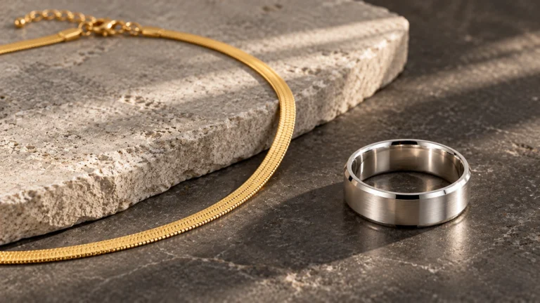 Zilveren ring en gouden Snake Ketting op een matte donkergrijze steen.