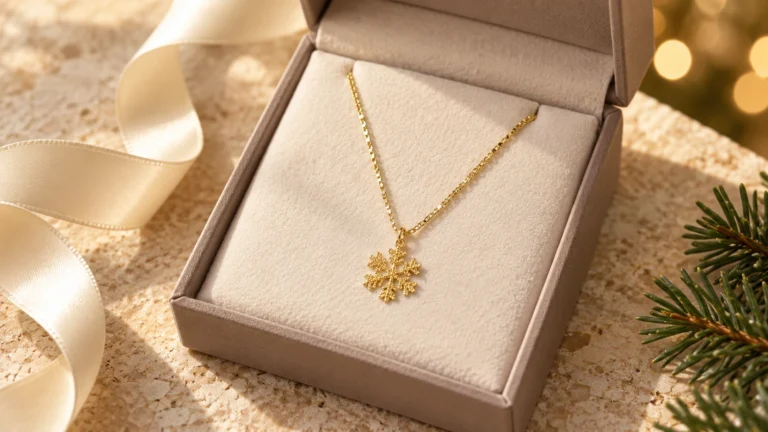 Gouden sneeuwvlokketting in een cadeaudoosje naast lint en een dennentakje.